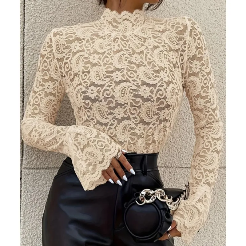 Chemise élégante et Sexy en dentelle pour femmes, pull à manches longues et col montant, dessus de chemise Slim, vêtements de vacances décontractés pour dames