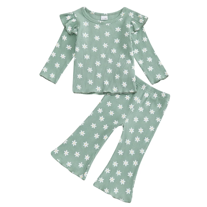 Ensemble de pantalons à fleurs pour filles, t-shirt à col rond à manches longues, pantalon évasé, tenue d'automne pour enfants