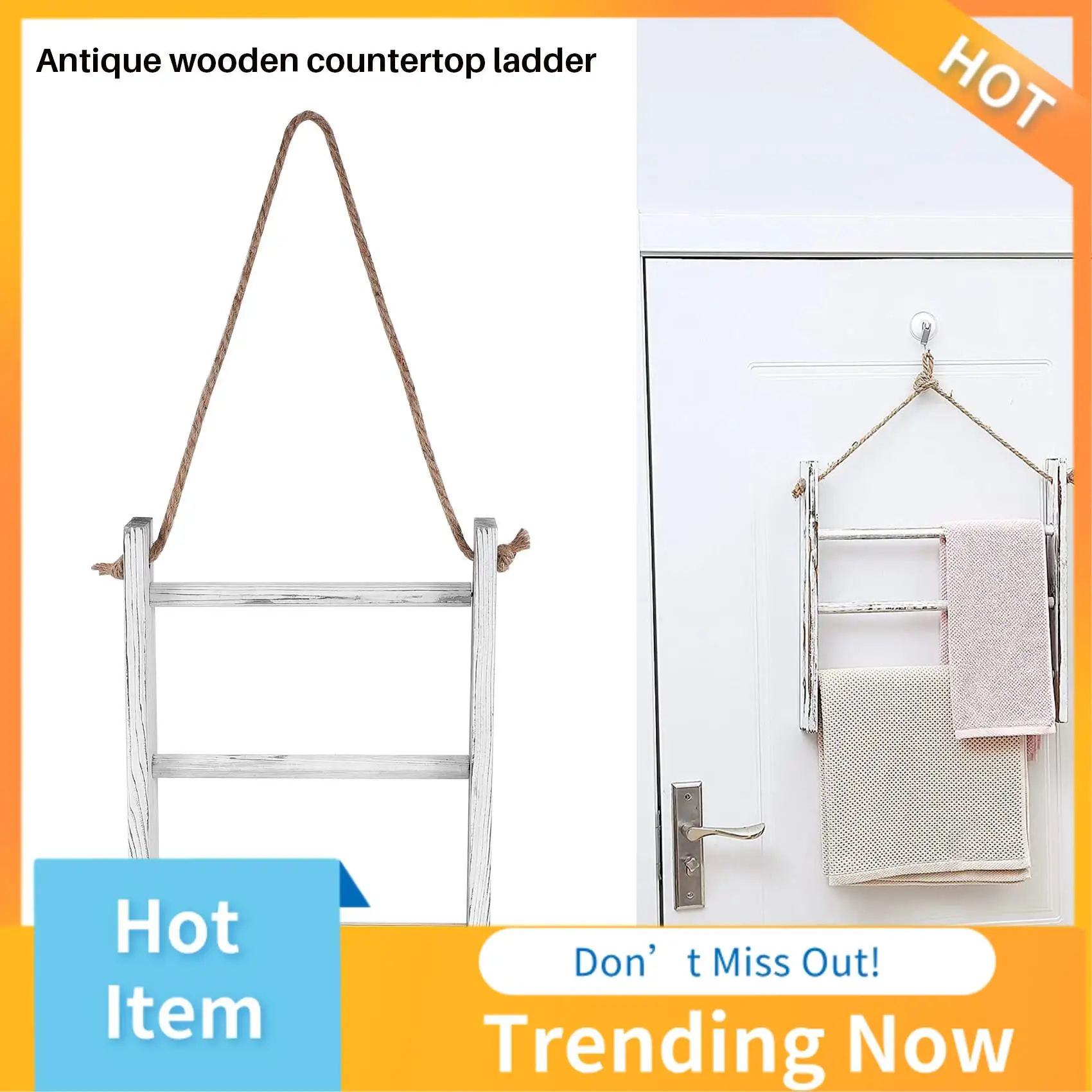 

AB08-Wall-Hanging Towel Ladder Rustic Whitewashed Wood Countertop Ladder Farmhouse Decor Towels Rack With Adjustable Rope