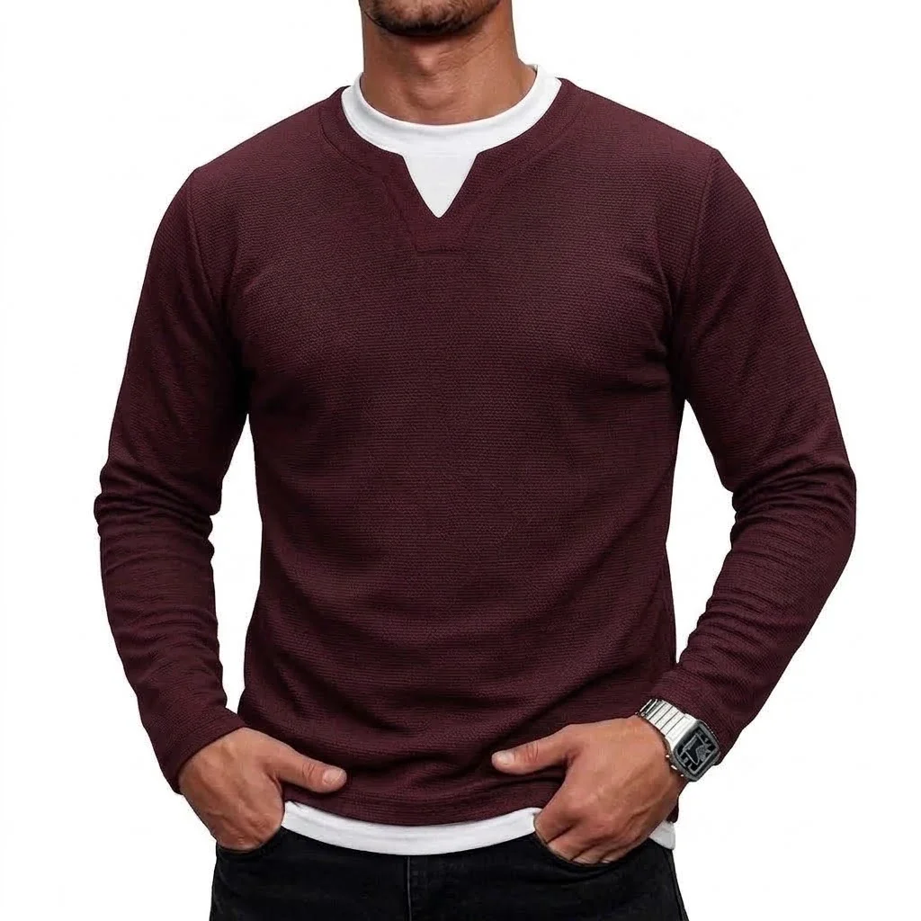 Mens Long Sleeve Tee Textured Knit Casual Pullover Sweatshirt V Neck Thermal Tops Autumn Slim Fit Streetwear Apparel for Men