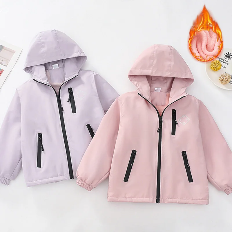 

Детская плюшевая теплая непромокаемая куртка для детей 4-14 лет, повседневная спортивная ветровка на открытом воздухе для мальчиков и девочек, осенне-зимняя модная верхняя одежда с капюшоном