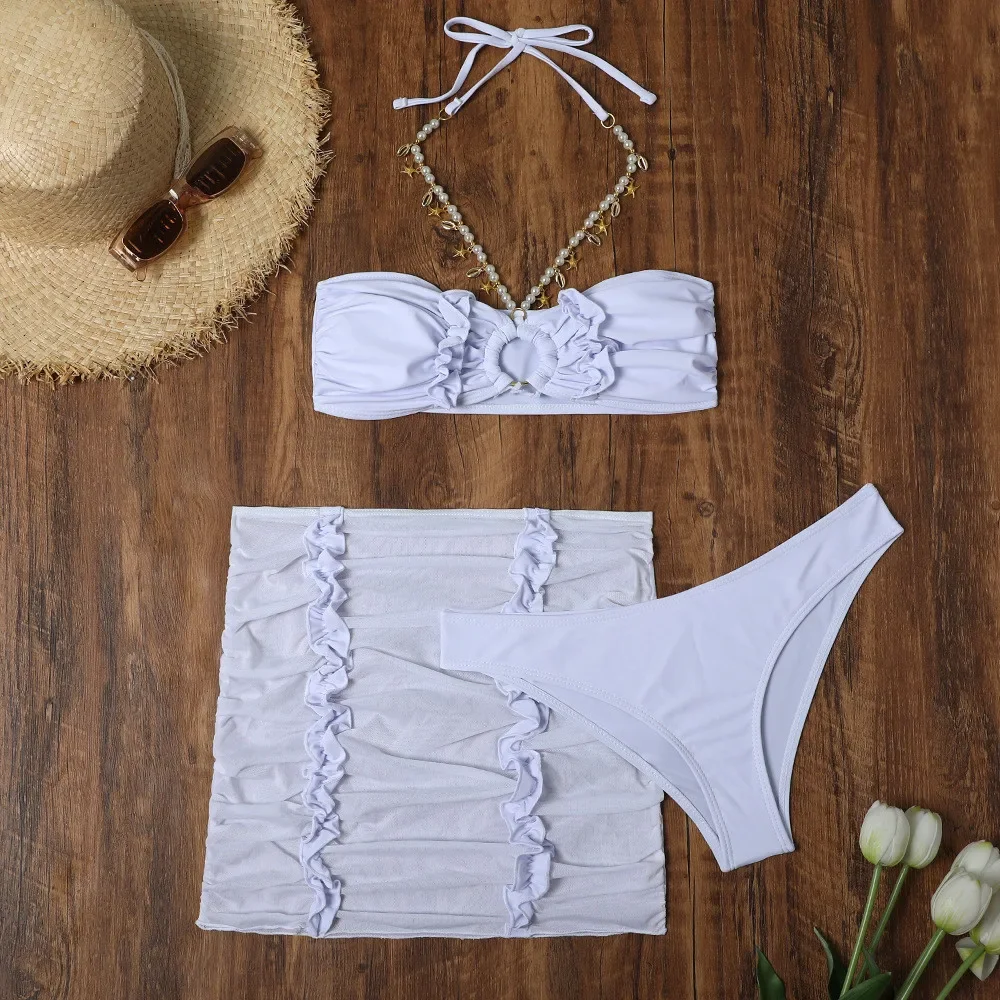 จีบสีดําขอบ Bandeau ชุดบิกินี่ 3 ชิ้น Damen Pearl CHAIN Halter ชุดว่ายน้ํากระโปรงชุดว่ายน้ําเซ็กซี่ผู้หญิงชายหาดสวมใส่