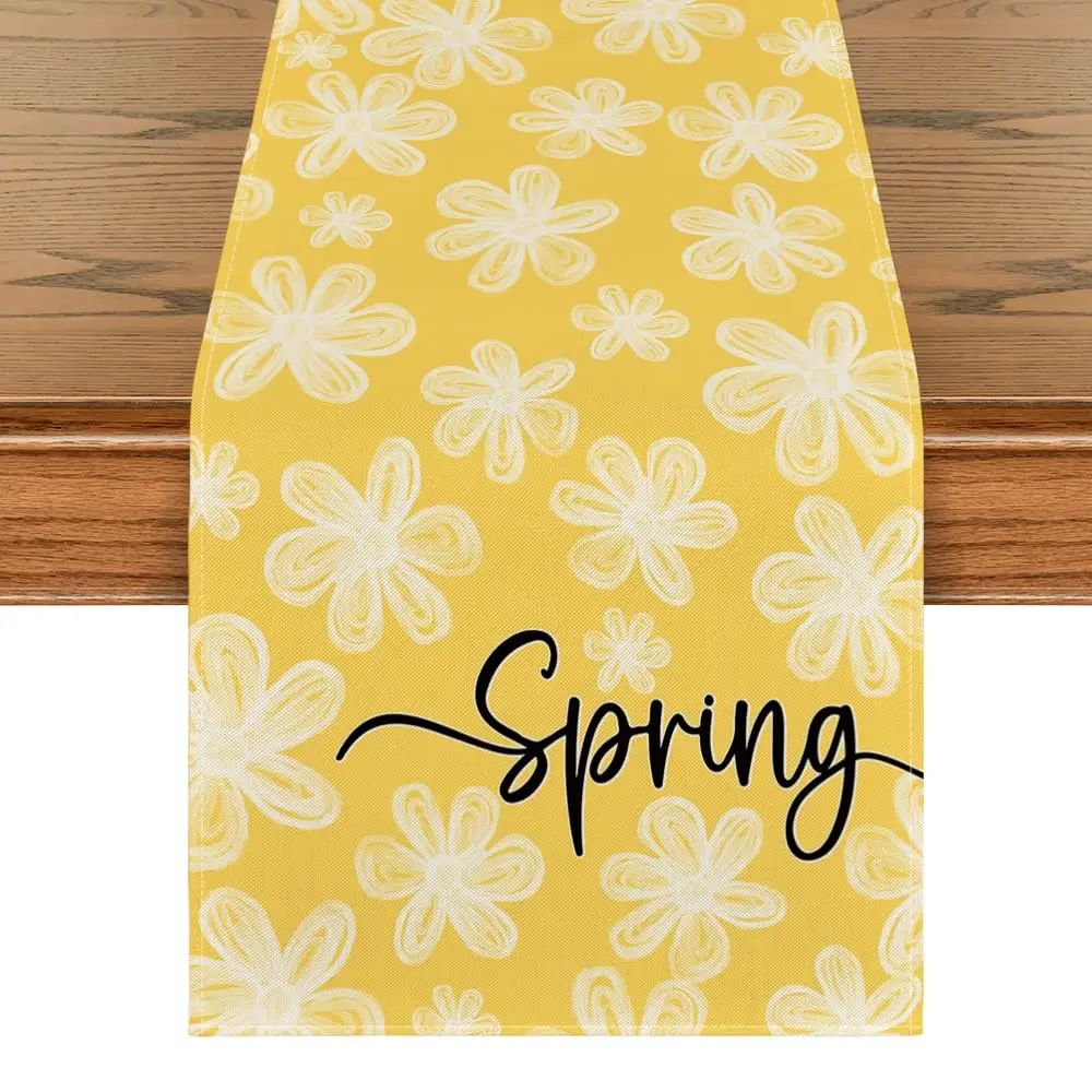

Yellow Hand-Painted Daisy Flower Spring Table Runner, Seasonal Summer Kitchen Dining Table Decoration for Home Party Decor