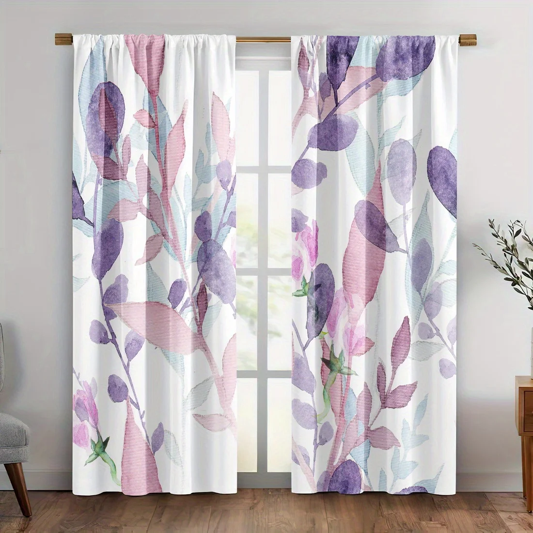 

2pc Plant leaf print curtains, polyester, machine washable, suitable for bedroom, living room, kitchen decoration