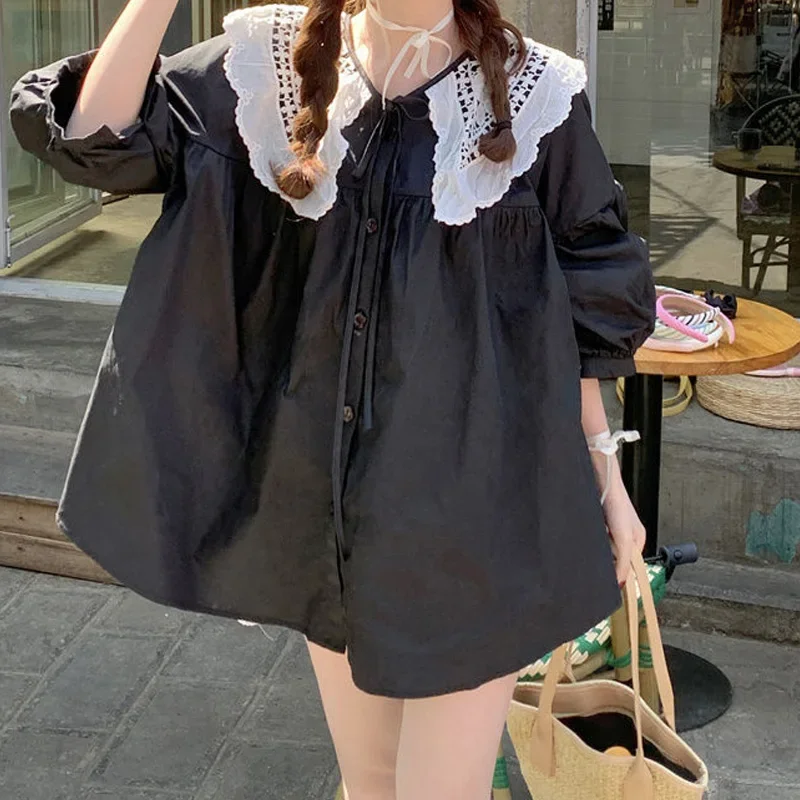 

Solid Color Cute 3/4 Sleeve Fashion Shirts Summer Young Style Black White Tops Ladies Temperament Patchwork Hollow Out Blouses