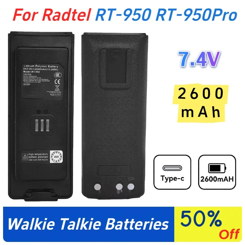 

7.4V 2600mAH RT950 Walkie Talkie Battery Pack for Radtel RT-950 RT-950Pro Large Capacity Batteries Two Way Ham Radio TYPE-C