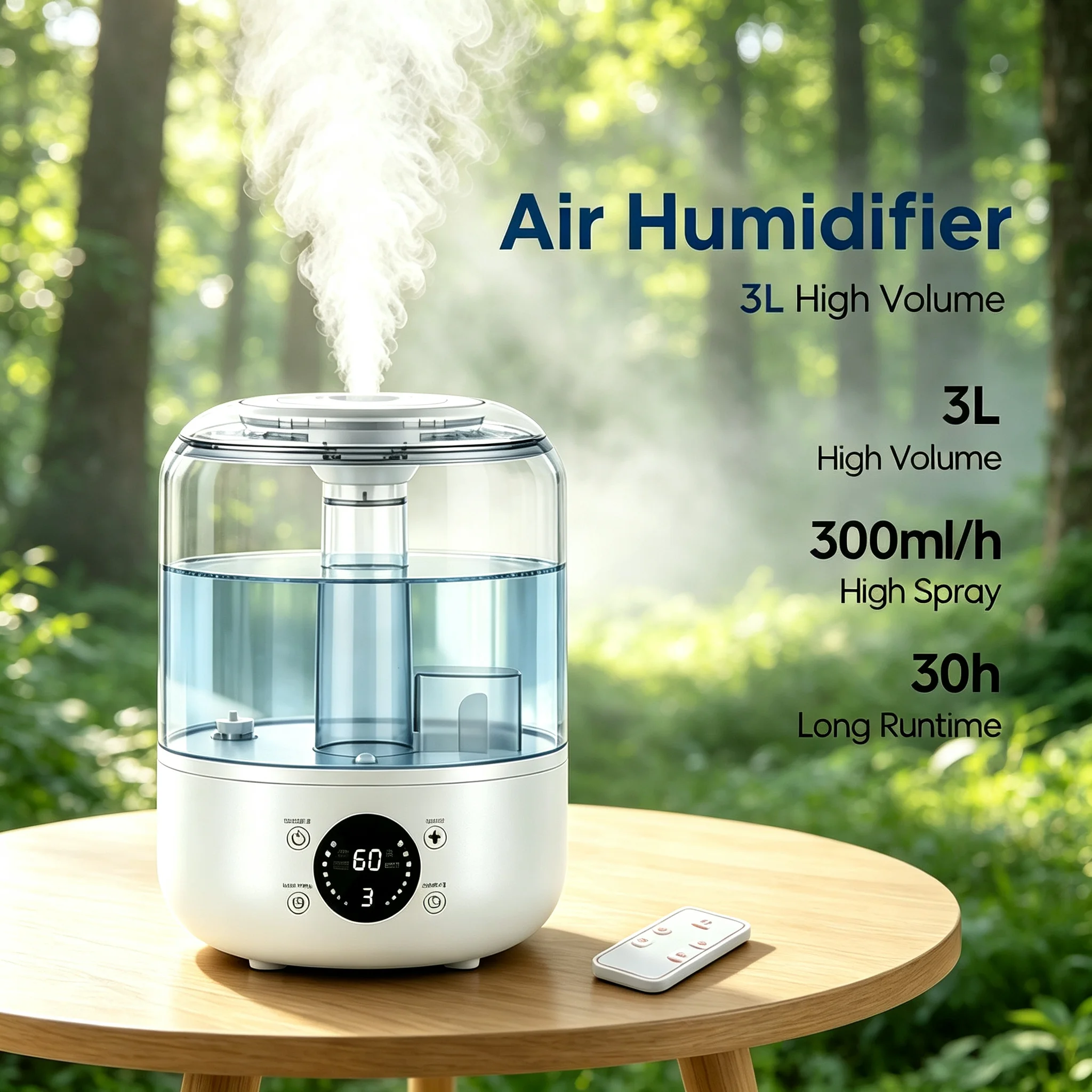 3L Ultrasonic Cool Mist Humidifier Transparent Tank 300ml/h Quiet Home Use Touch Rotary 2 Versions Optional Remote Timer