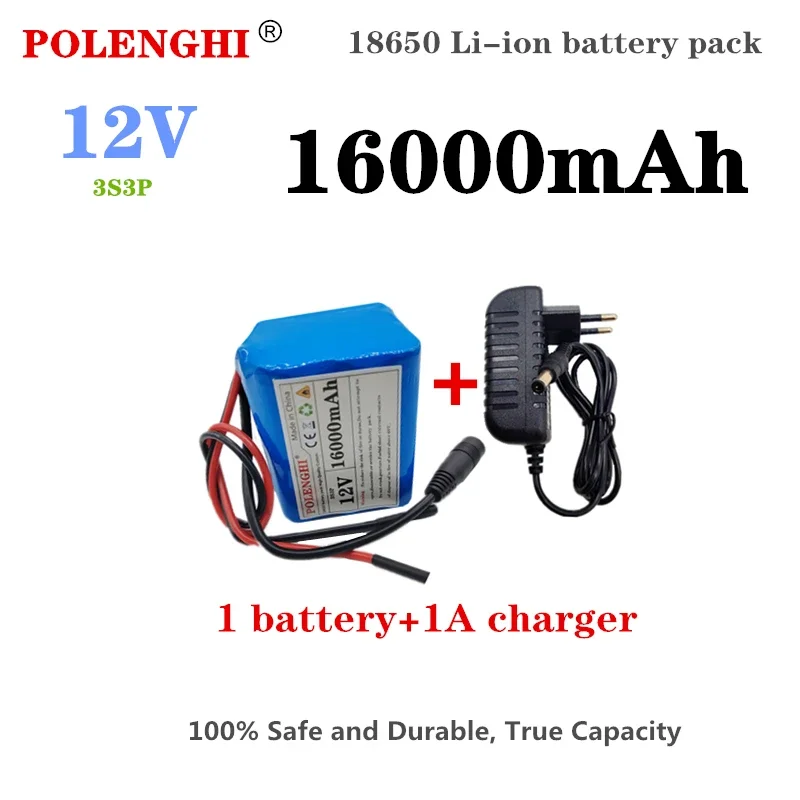 

3S3P 12V 16000mAh 18650 large capacity lithium-ion rechargeable battery pack, built-in intelligent BMS DC12.6V 1A charger