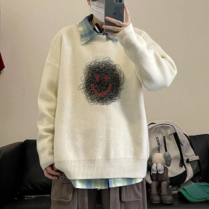 

Мужские свитера большого размера, осенний белый вязаный свитер 5XL, модная повседневная одежда с улыбким принтом для мужчин, вязаные пуловеры, мужская одежда