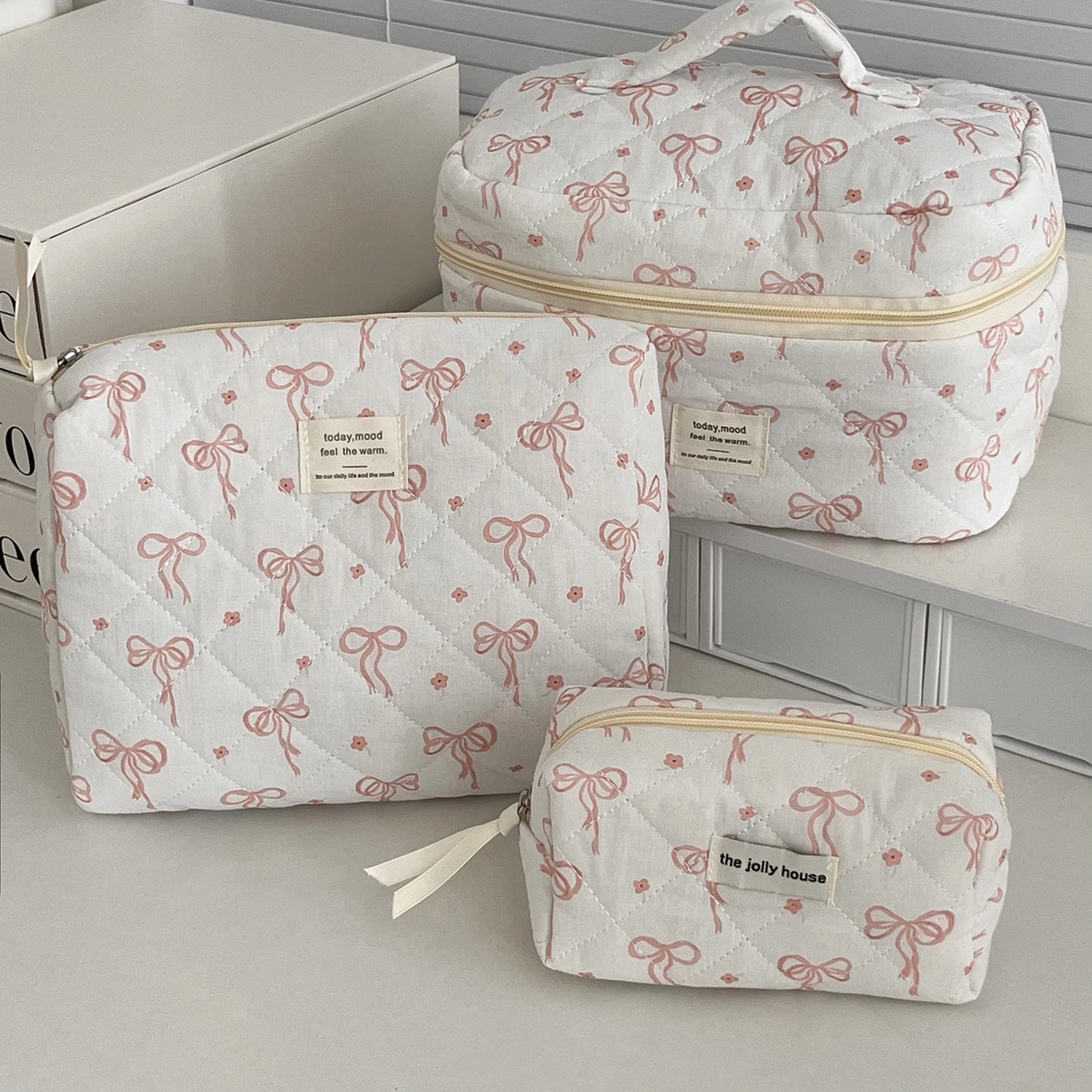 korea Bow Print Women Makeup Bag Large Capacity Portable Cosmetic Case For Travel Toiletries Cosmetics Storage Bag