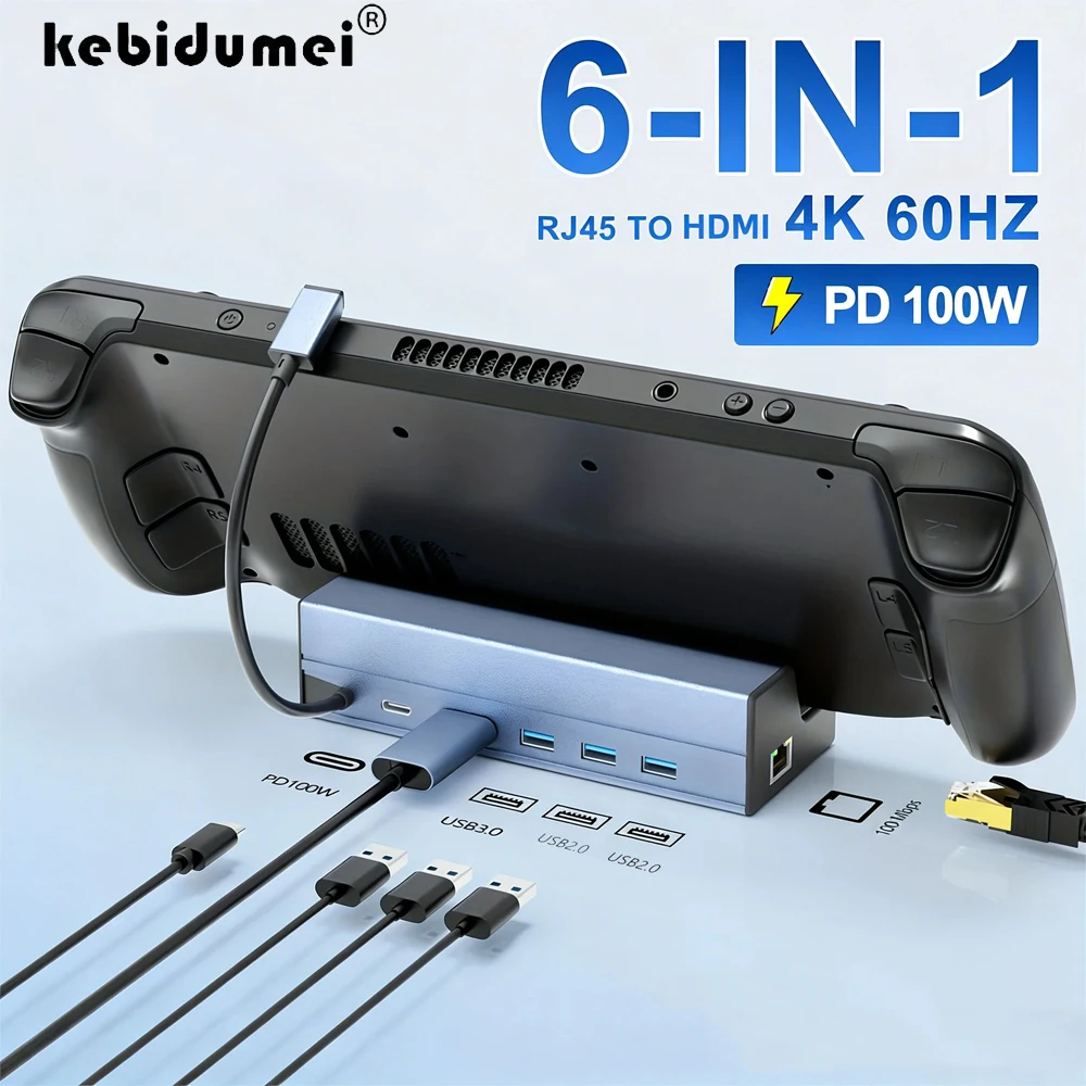 KEBIDUMEI 6-in-1 Docking Station 4K HDMI-compatible 2.0 Fast Ethernet LAN 1x USB 3.0 PD 100W Charging Hub Dock Base Stand