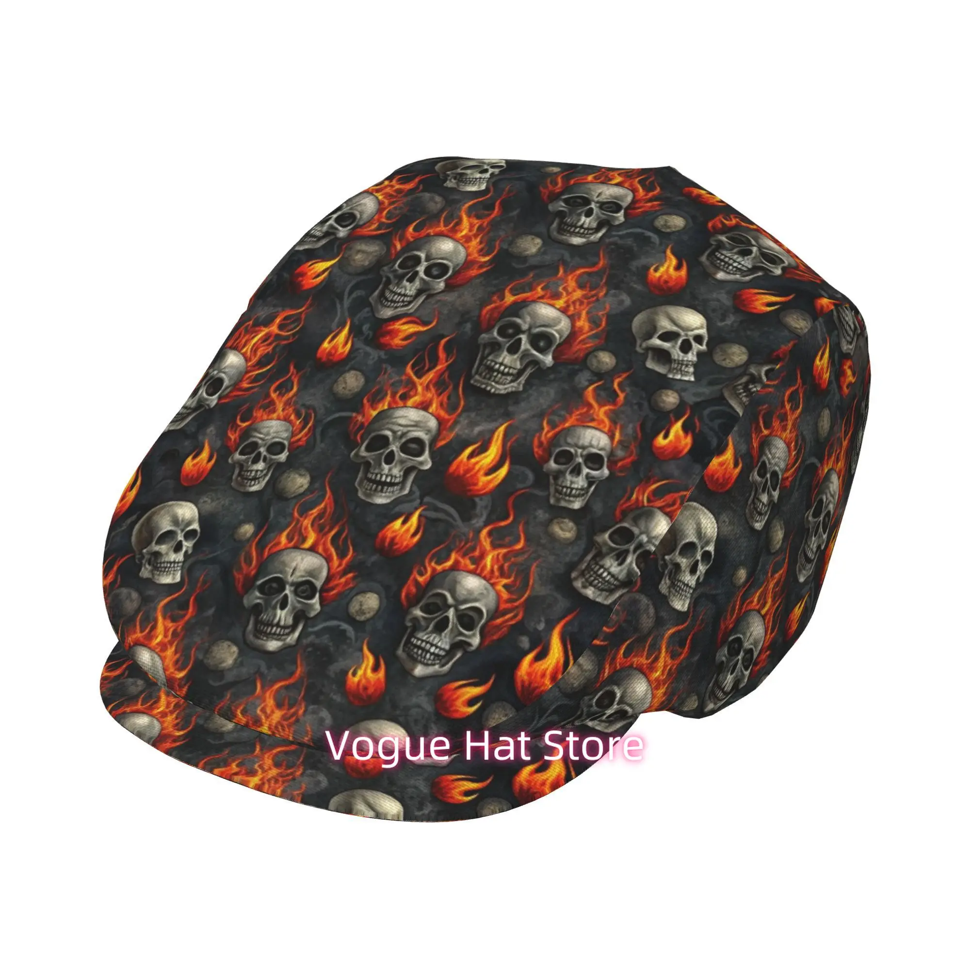 1pc of Flame Skeleton Beret with an All-Over Print, a Vintage Newsboy Cap That Is Unisex. It'S an Essential Fashion Item for Bot