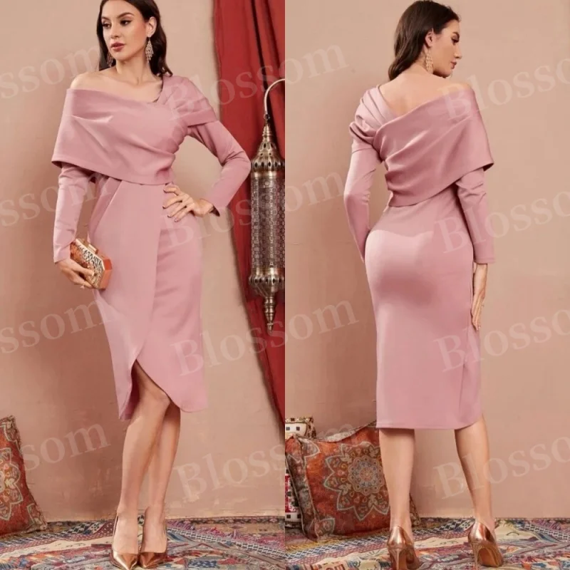 Robe plissée élégante à manches longues et col en V, longueur genou, tenue de soirée pour les invités de mariage, Arabie saoudite