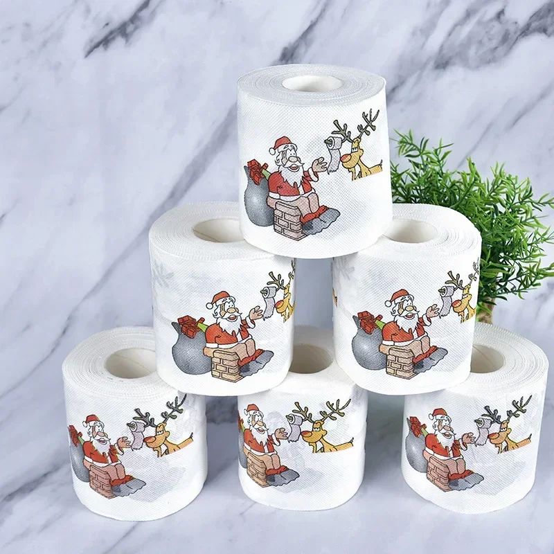 1Roll Christmas Toilet Paper Wood Pulp Festival Theme Printed Xmas Decor Tissue Natal Noel Happy New Year Party Decoration