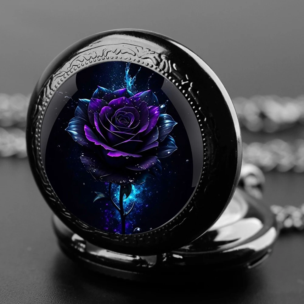 Retro Rose Quartz Pocket Watch, Black Necklace Pocket Watch For Men And Women Chain Clock Hours Watch Jewelry Gift Accessories