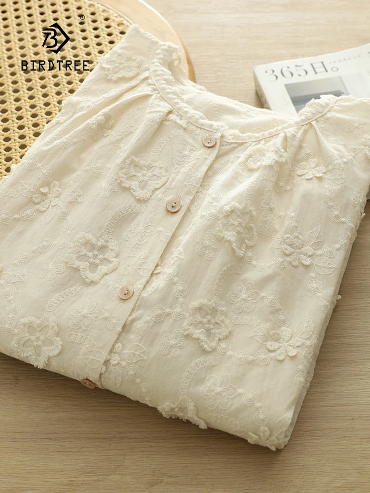 

New 2026 Spring Women Cotton Long Sleeve Shirt, O Neck Embroidery, Mori Girl Fashion Preppy Style Thin Loose Blouse T63723CC