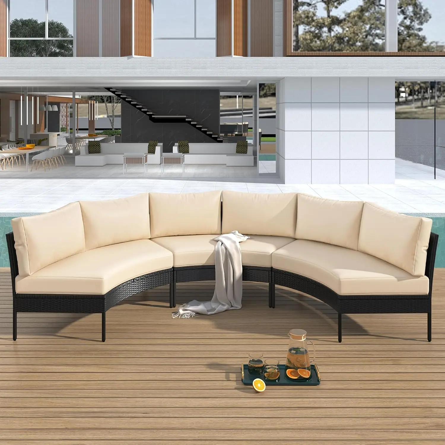 All Weather Patio Sectional Sofa 3 Pcs Curved Outdoor Conversation Set With Cushions, Customized