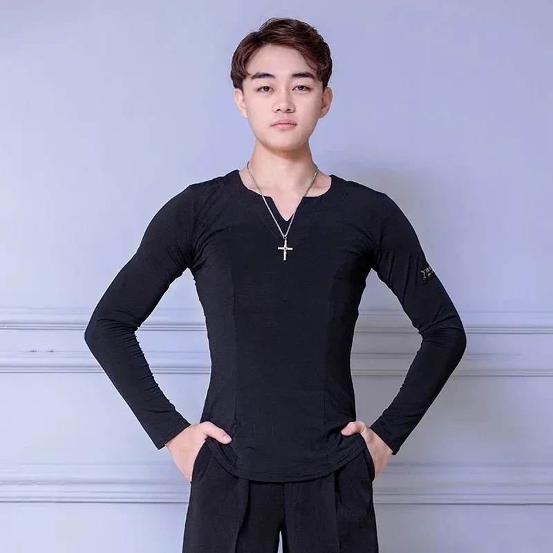 Camicie da ballo latino da uomo in cotone cristallo a maniche lunghe con scollo a V top da allenamento maschile sala da ballo Cha Samba abiti da ballo Dancewear UBs;2,k