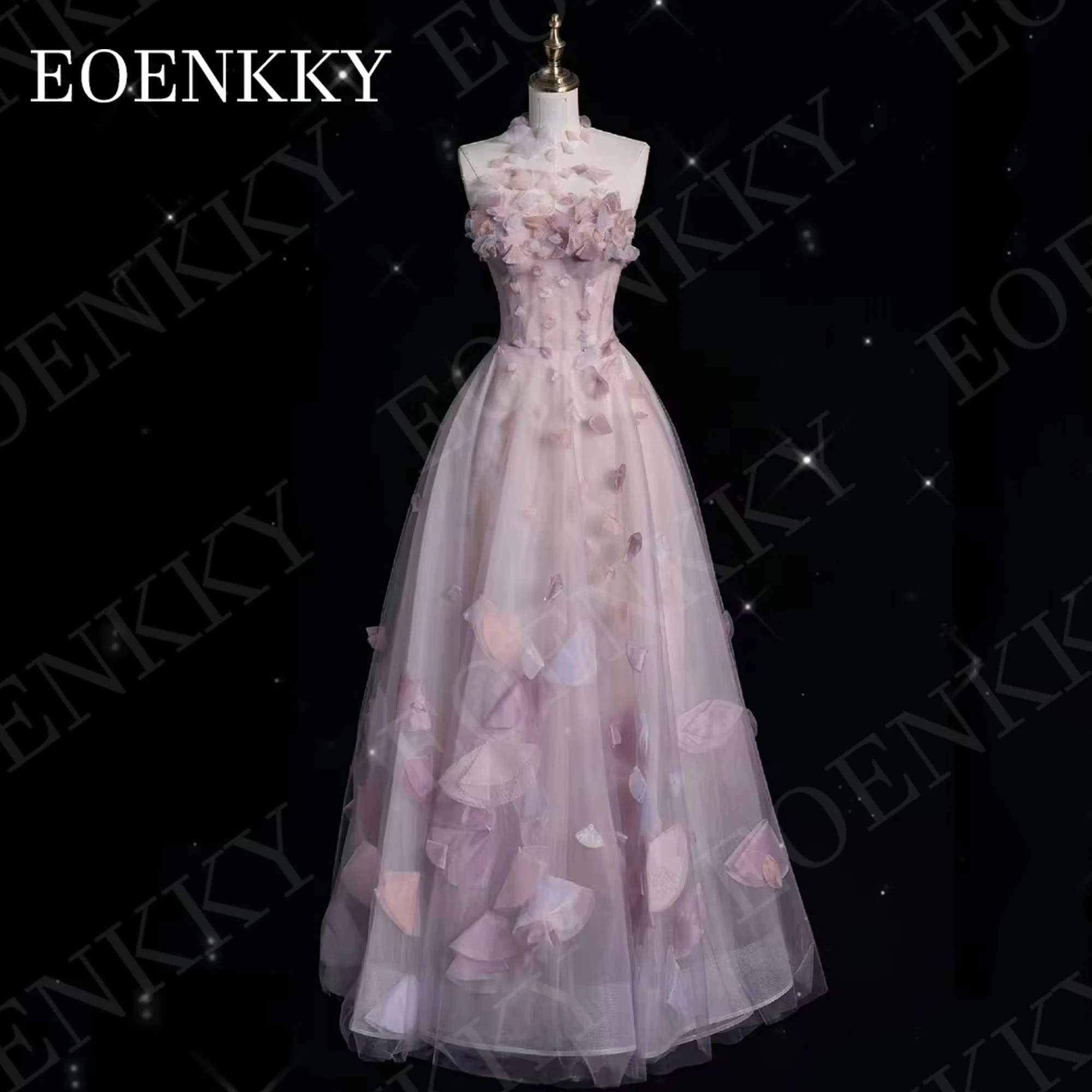 EOENKKY Luxury Strapless Prom Dress 2024 Elegant 3D Flowers A Line Tulle Graduation Dresses Floor Length Birthday Backless Women