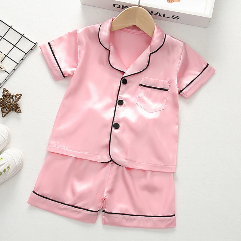 Summer Thin Clothes Sets for Children Nightwear Boys Girls Satin Pajamas Kids Baby Toddler Pyjamas Teen Lapel Casual Sleepwear