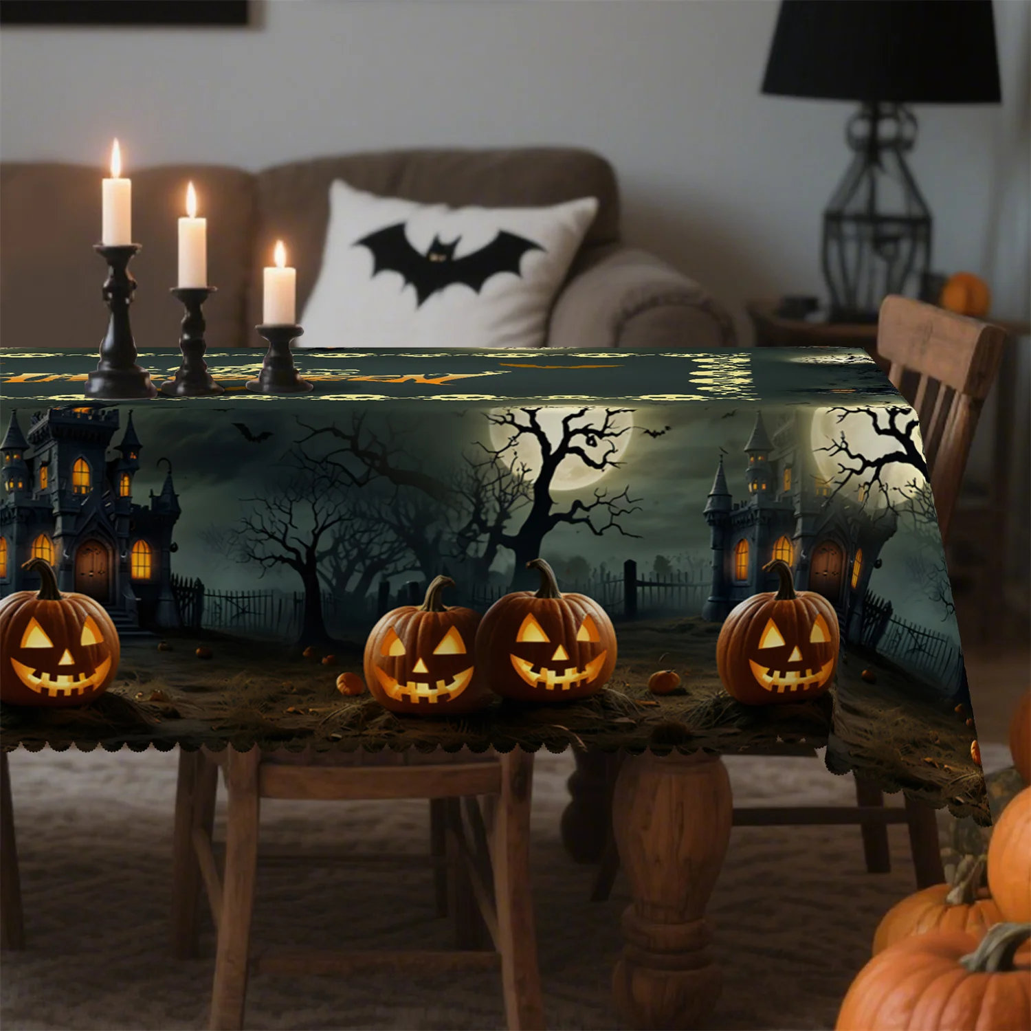 Castle Horror Face Pumpkin Dried Tree Moon Halloween Tablecloth - Washable table cover, suitable for spooky partieszyc