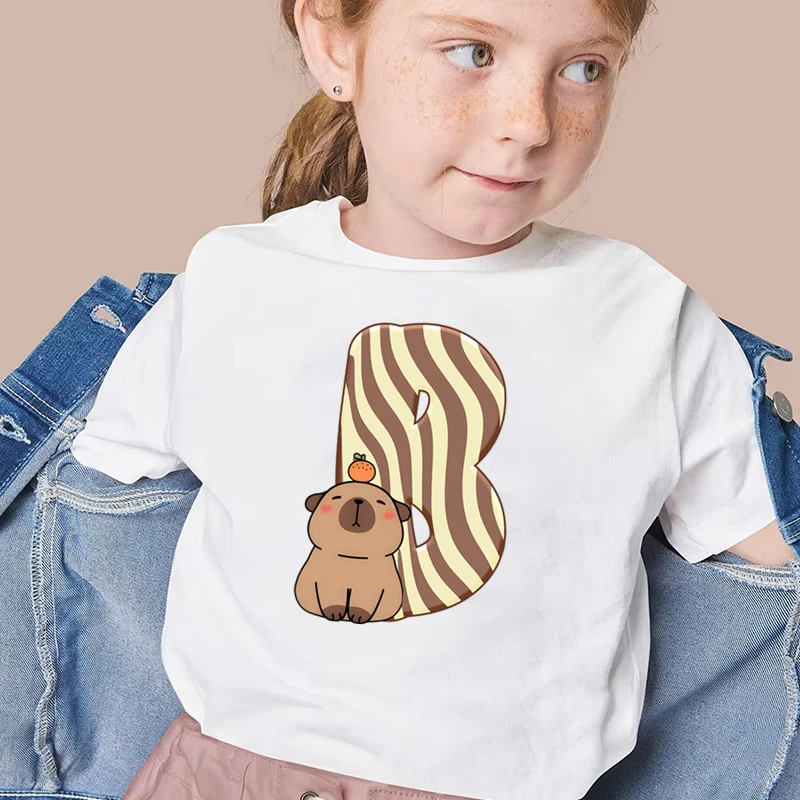 Kids Clothing Cartoon Capybara Letter A-Z Print T-Shirt Girls Boys Short Sleeve Cotton Tee Capybara Lover 26 Alphabet Y2K Tops