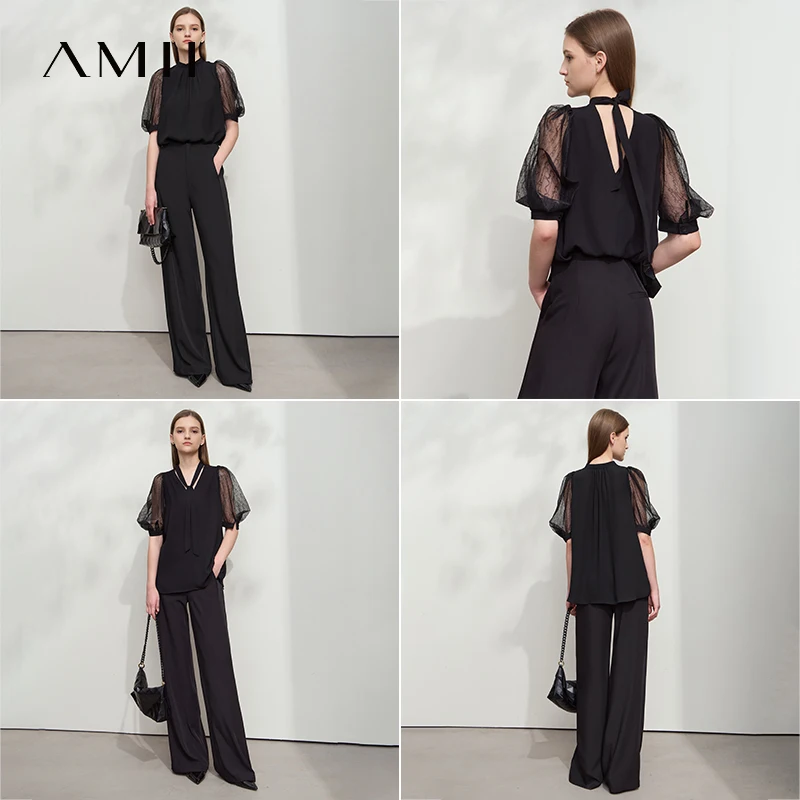 Amii Minimalistisches, lockeres Premium-Chiffon-Hemd für Damen, 2025, Sommer, neue Krawatte, V-Ausschnitt, dünne Blasenärmel, einfarbige Bluse 12542134