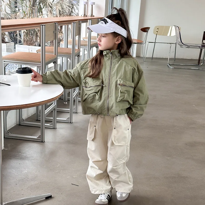 

Girls Coat Children Handsome Short Stand-up Collar Windproof Jacket Jacket Boys and Girls Pocket Windbreaker Cargo Coat