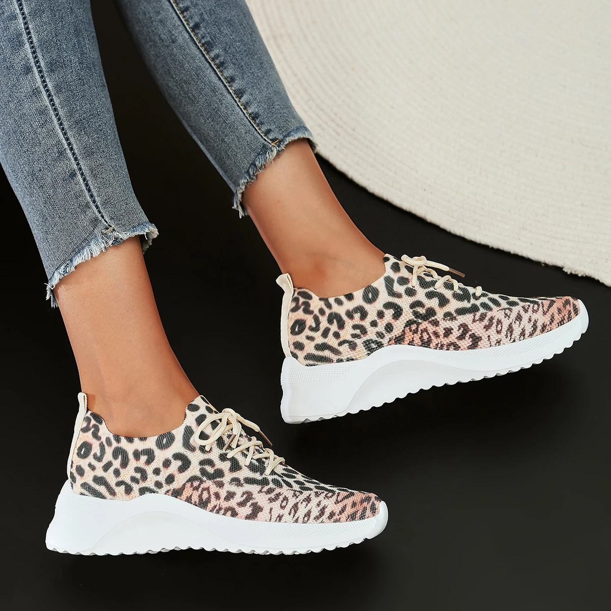 fashion leopard knitted sneakers women autumn 2023 comforatble slip on soft bottom casual shoes woman platform flats sneakers