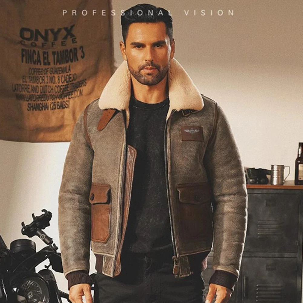Denny&Dora Men's Shearling Jacket A2 Air Force Vintage, Genuine Sheepskin Fur Thick Winter