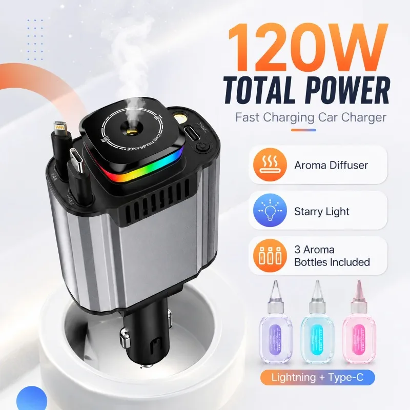 120W Multifunction Car Charger with Dual Retractable Cables Type C Lightning Aroma Diffuser Starry Light 3 Device Charging