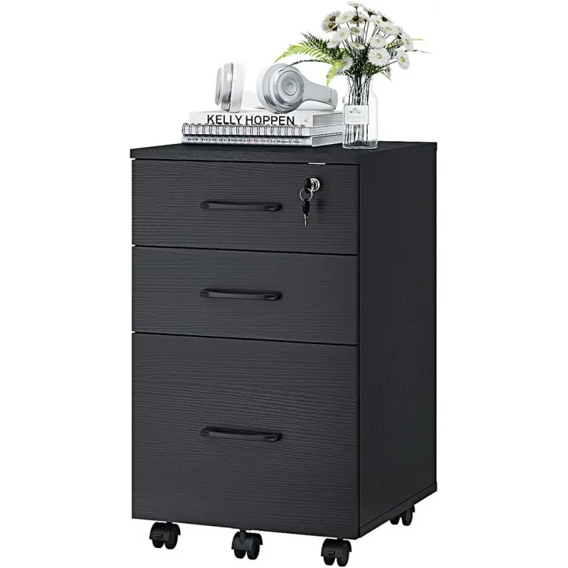 3 Drawer Wood Mobile File Cabinet, Under Desk Storage Drawers Small File Cabinet Home Office (Black) Visit Panana Store