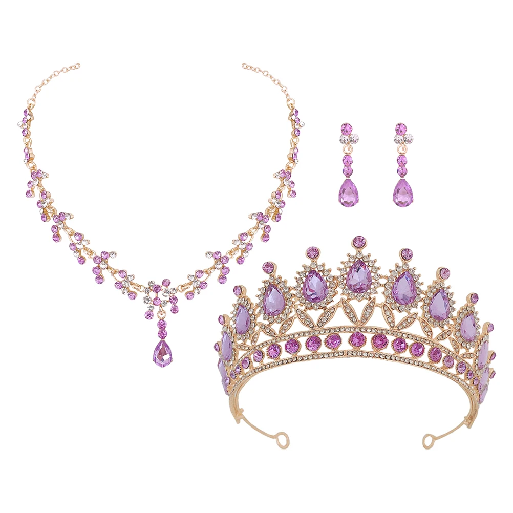 

1 set Rhinestone Crown Earrings Necklace Set Lavender Color Bridal Jewelry Women Party Accessories Wedding Prom Gift