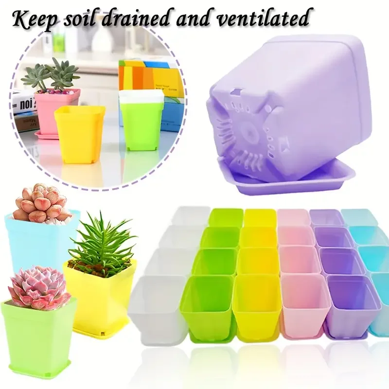 

3 Inch Colorful Plastic Plant Pot, Plastic Square Nursery Pots, Seedling Nursery Pots With Saucers For Garden, Home, Office