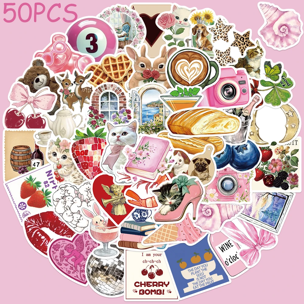 

50pcs Pink Aesthetic Pinterest Stickers Decals For Laptop Scrapbook Skateboard Guitar DIY Cartoon Graffiti Stickers Kids Gifts