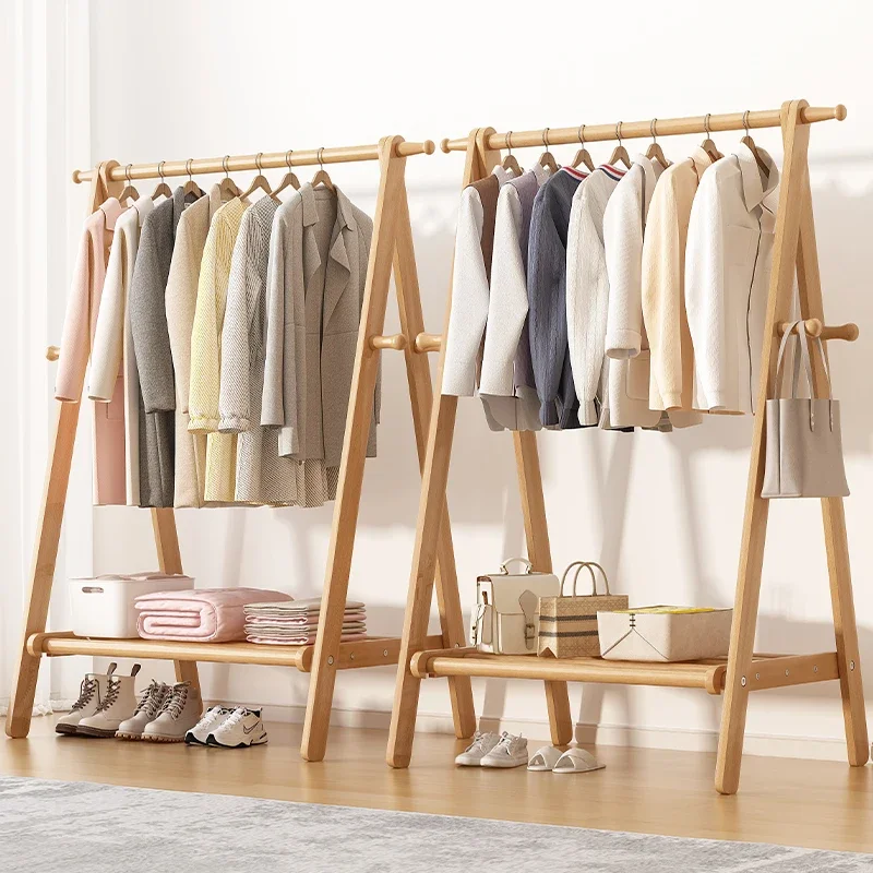 

Solid wood hanger floor coat rack bedroom household folding simple drying room clothes