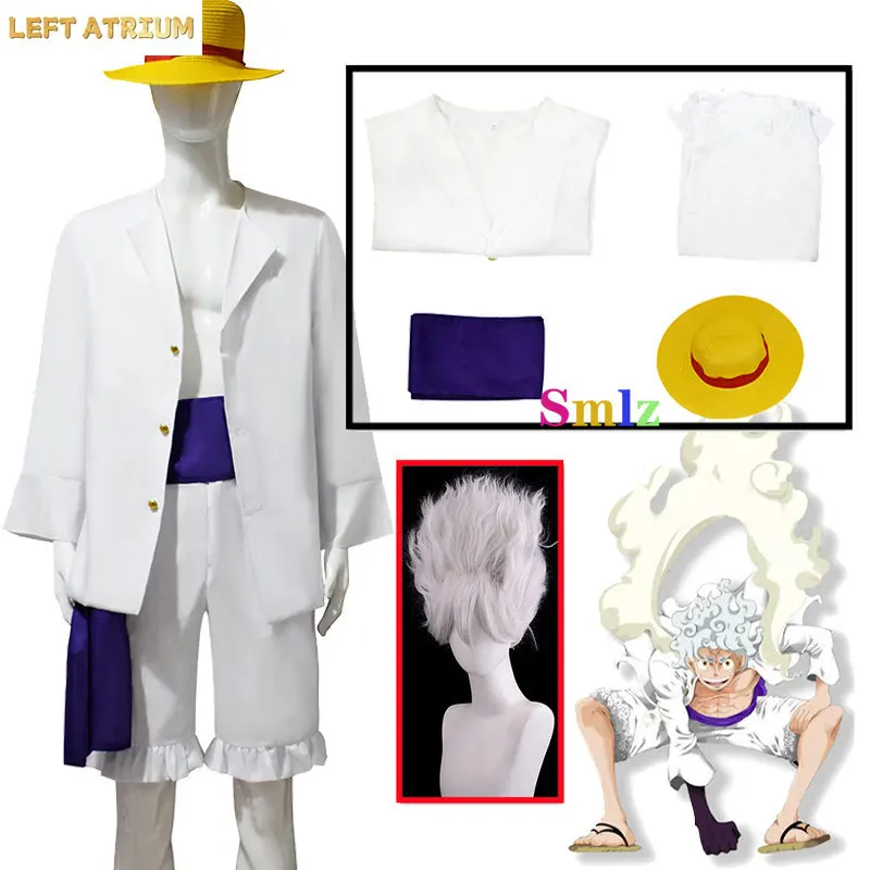 Disfraz de Luffy Blanco, Cosplay de Anime Gear 5, Forma Nika, Conjunto Completo para Adultos, Camisa Blanca, Pantalones, Faja, Pelucas
