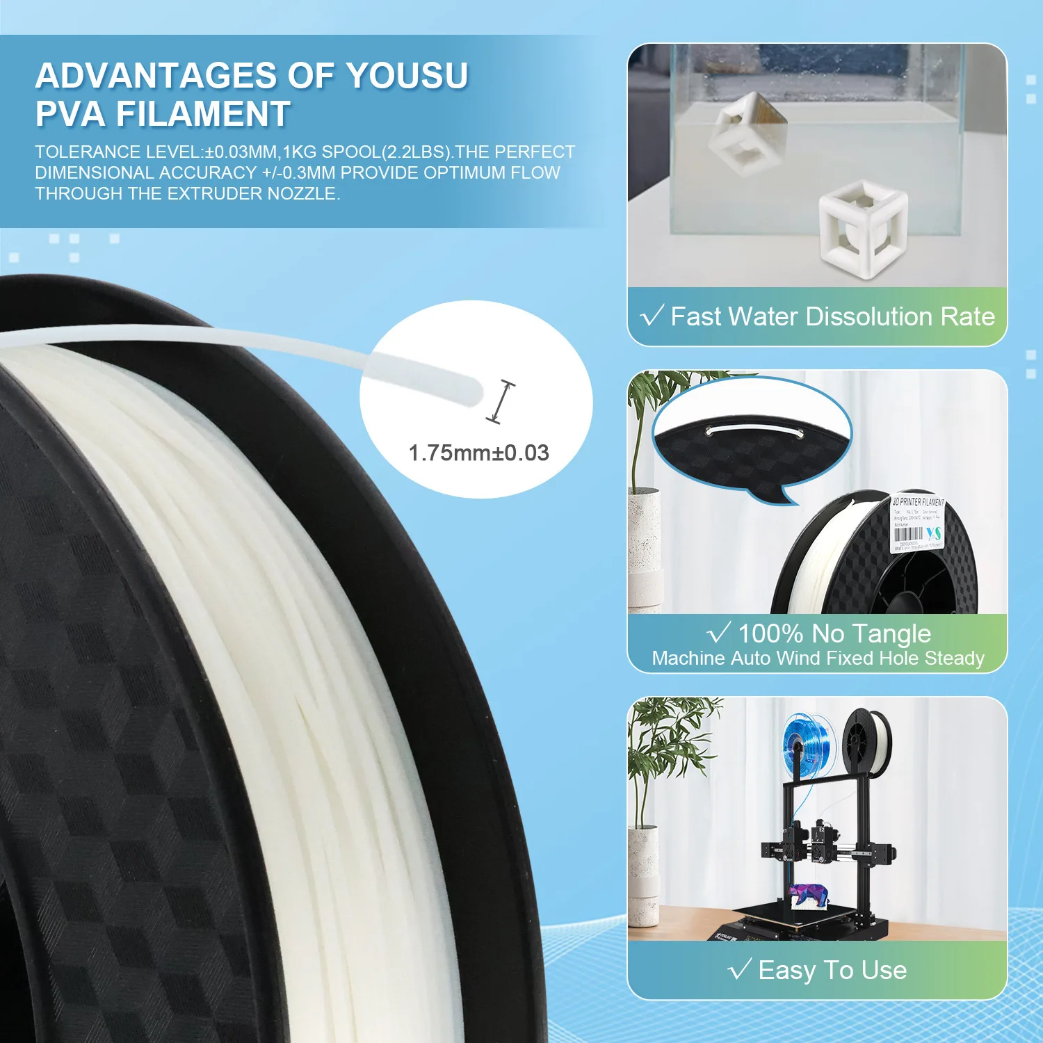PVA Water Soluble Support Filament 1.75mm 0.5kg Polyvinyl Alcohol 3D Printer Dissolvable Material Wash Away In Water Peel Off
