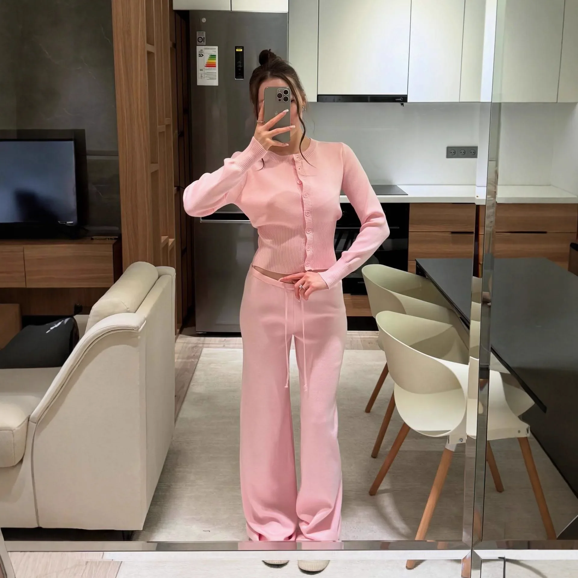 

Вязаный свитер, женский однотонный кардиган и трикотажные брюки, топ с круглым вырезом, Европа, Америка, Amazon, трансграничная