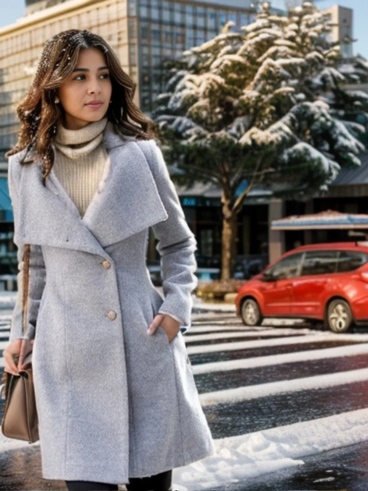 

Women's Autumn Winter Slim Fit Woolen Coat Single Button mid Length Jaet with Belt Street Sle Long Sve Pure Color