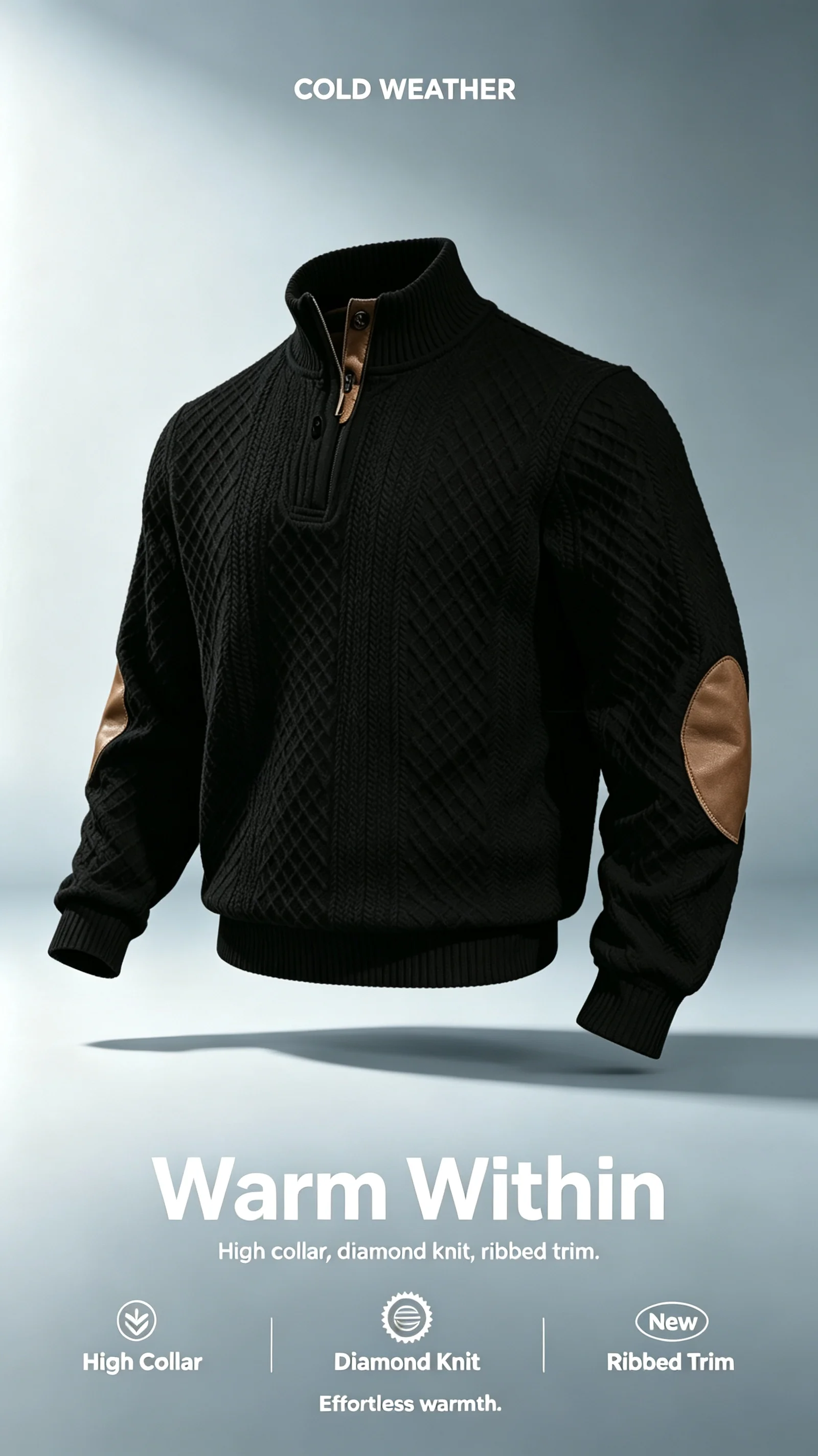 Men's Stand Collar Button Sweater Horse Embroidery Diamond Knit Pullover Elbow Patch Long Sleeve Autumn Warm Casual Jumper