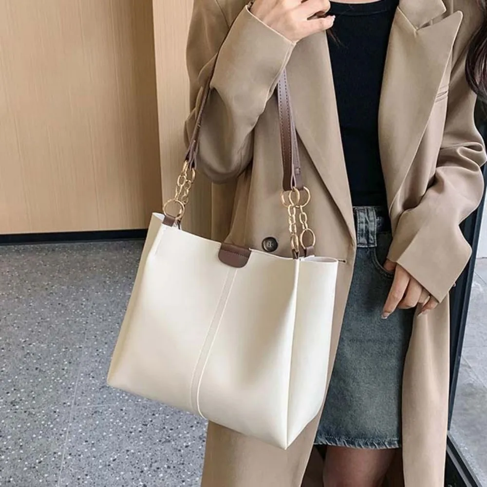 

Solid Color PU Tote Bag Lightweight Magnetic Button Women Shoulder Pouch Alloy Chain Anti-splash Water