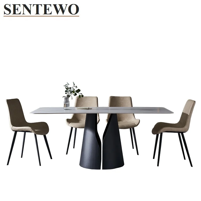 SENTEWO Ltalian Rock Slab Dining Table And 6 Chairs Set Carbon Steel Base Faux Marble Tables Home Furniture Comedor 6 Sillas