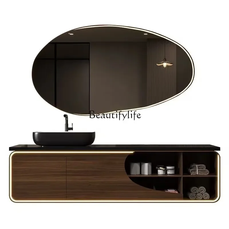 

56light luxury retro style oak bathroom cabinet rock slab integrated table basin combination wash basin wash table