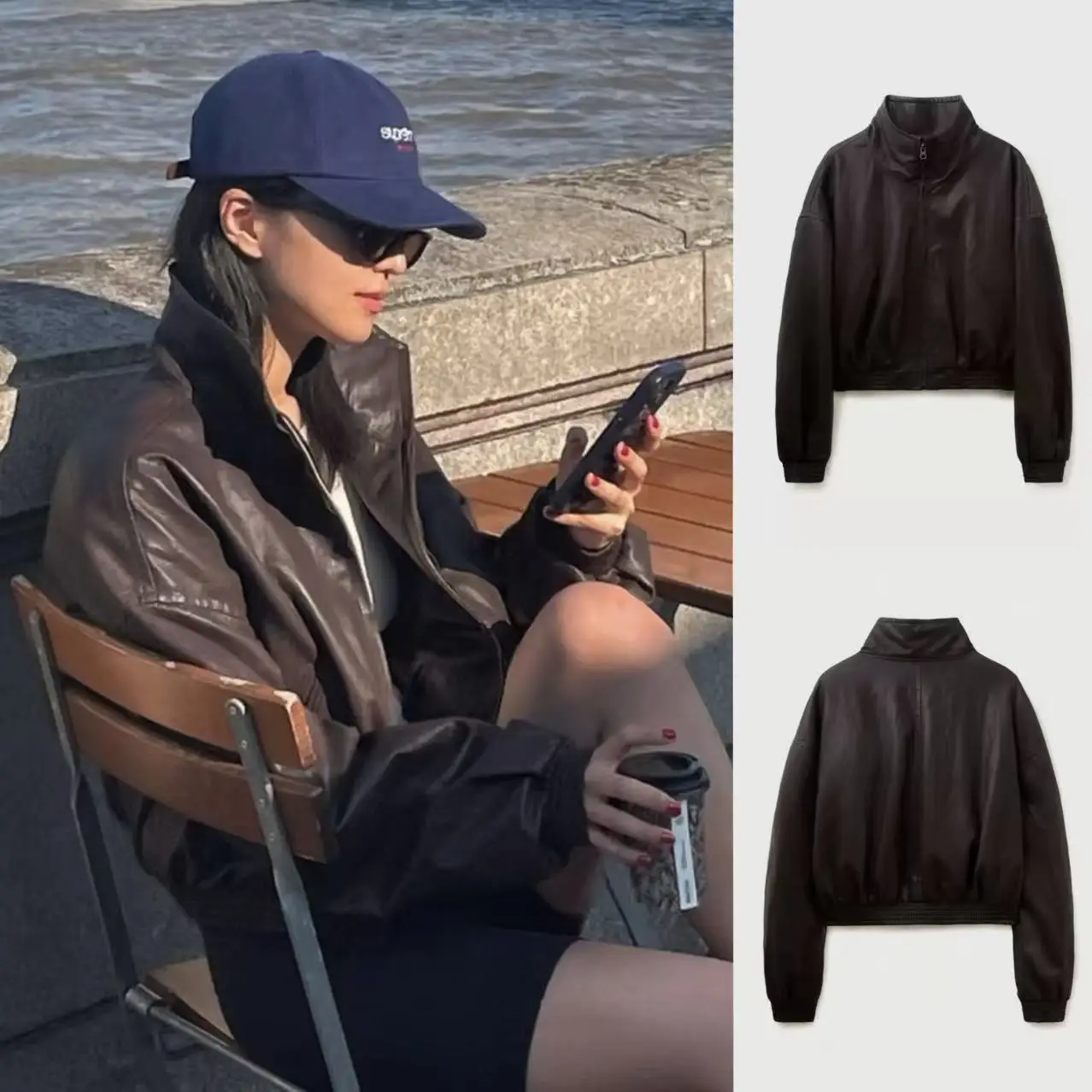 معطف فضفاض مناسب لراكبي الدراجات النارية Sle Jaet ort بسحاب للإغلاق بلون نقي وياقة واقفة معطف جلدي صديق للبيئة للشابات #1