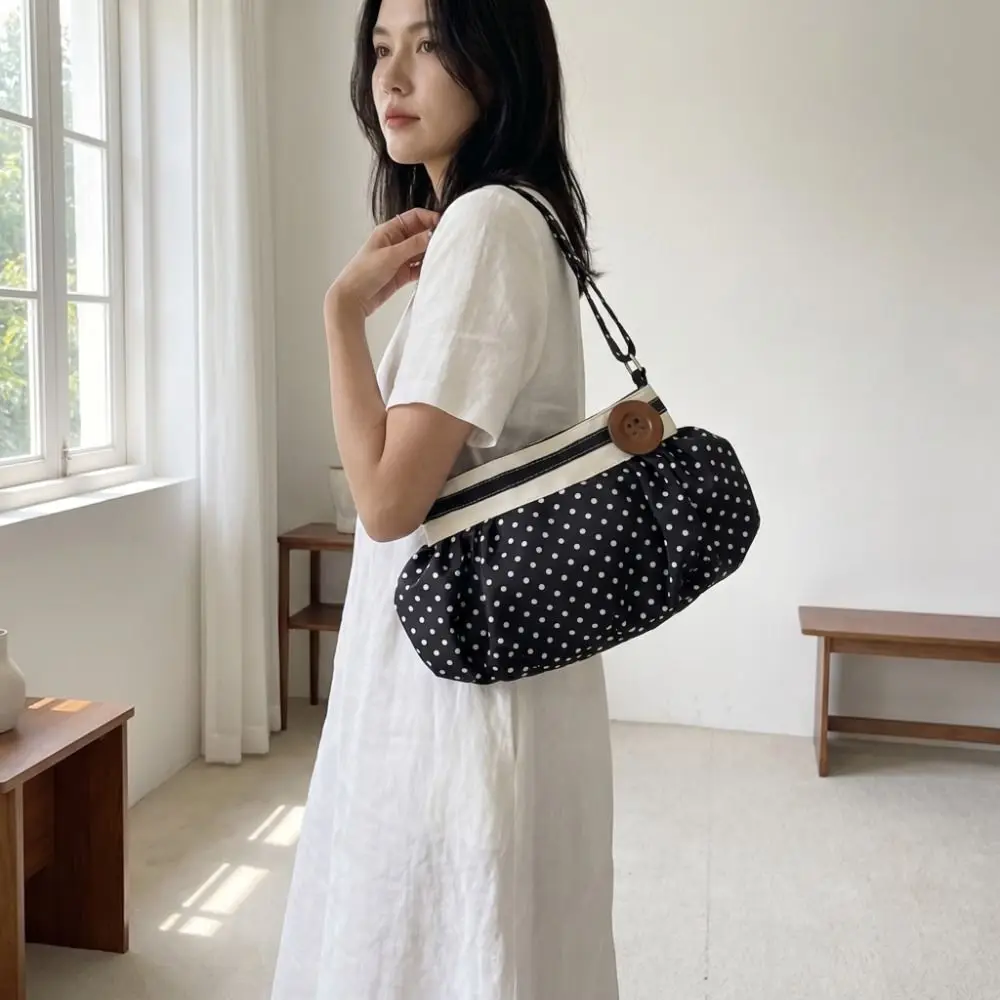 

Casual Korean Style Polka Dot Shoulder Bag Canvas Cute Pleated Underarm Bag Simple Retro Printing Handbag Ladies