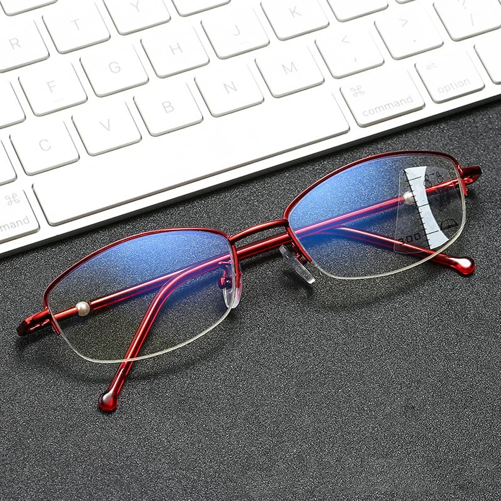 

Progressive Multifocus Reading Glasses Women See Near and Far Half-rim Alloy Ultralight Anti-blu Light Red/pink +1 +1.5 +2 to +4