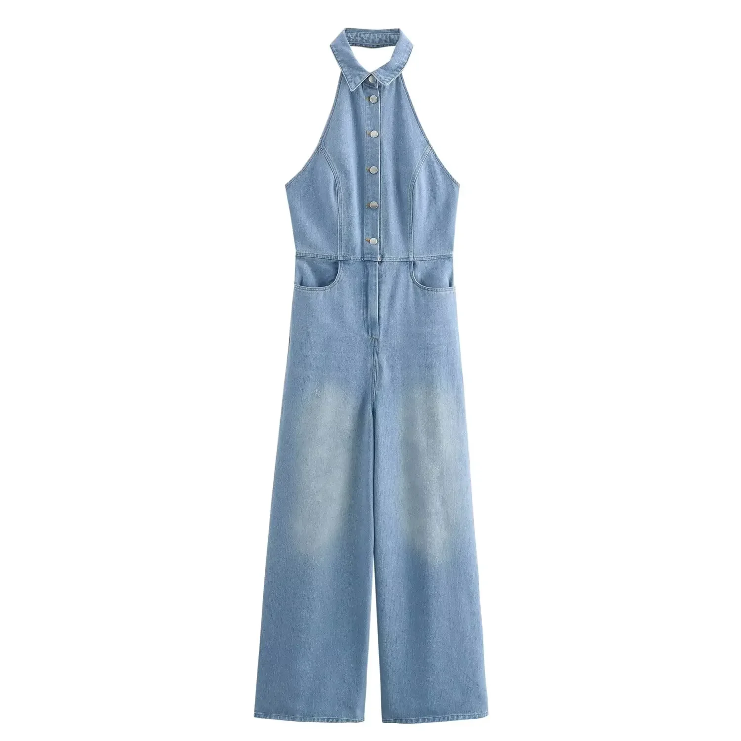 Fashion baju terusan Denim wanita, Jumpsuit Retro punggung terbuka leher Fashion temperamen Chic baru 2024