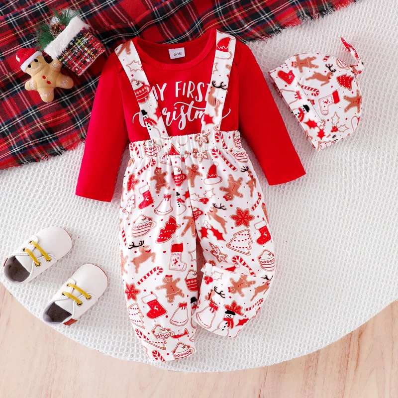 Children's Clothing Set for Girls Boys Outfits Letter Print long sleeves Harem Romper+Strap Trousers+Hat 3Pcs Baby Kids Suit