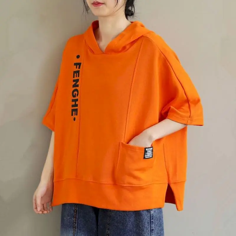 98% Cotton T Shirts Women Fashion Hooded Printed T-shirt Korean Casual Loose Short Sleeve Oversized Tops Summer Trend Tshirt Y2k